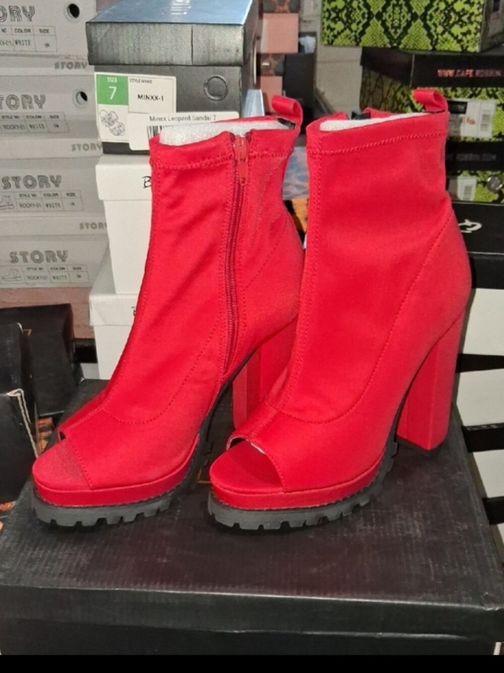 So Me Red Peep-Toe Chunky Heel Ankle Boots